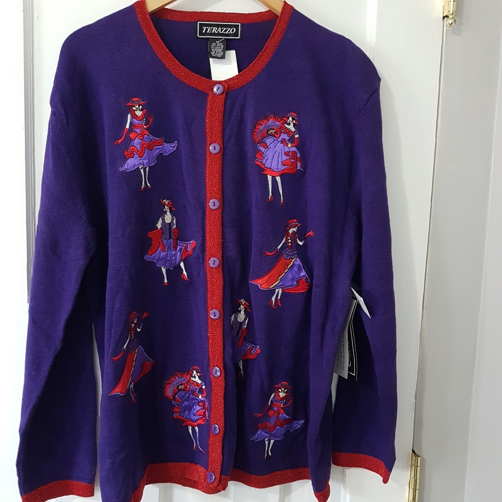 Vintage Terazzo Ramie Blend Knit Embroidered Cardigan Sweater Purple Red Sz XL